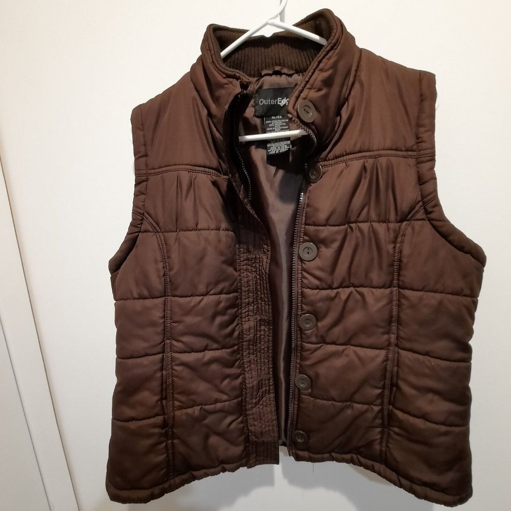 Outer Edge puffy Quilted Vest Full Zip + Buttons 2 Front Pockets Brown Size XL
